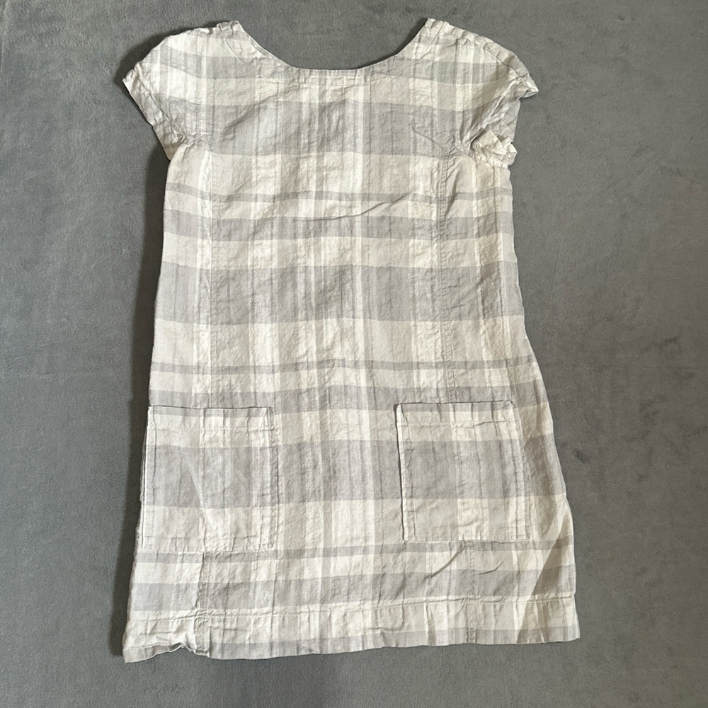 Eileen Fisher Women's Medium Dress Plaid Short Sleeve Linen Cotton Blend Gray
